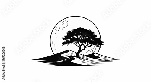 Silhouette of a solitary tree on desert dunes under a large moon