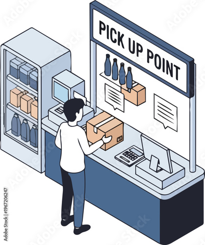 Isometric Illustration of an E-commerce Pick Up Point Service with a Customer Receiving a Parcel at a Retail Store Collection Desk; Online Shopping and Delivery Concept