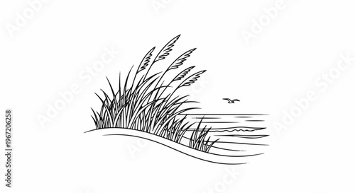 Reeds sway on a sandy bank beside rippling water, a bird flies over