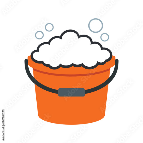 An orange cleaning bucket overflowing with white soapy suds and floating bubbles.