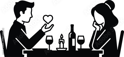 A romantic dinner date icon featuring a man offering a heart symbol to a woman across the table