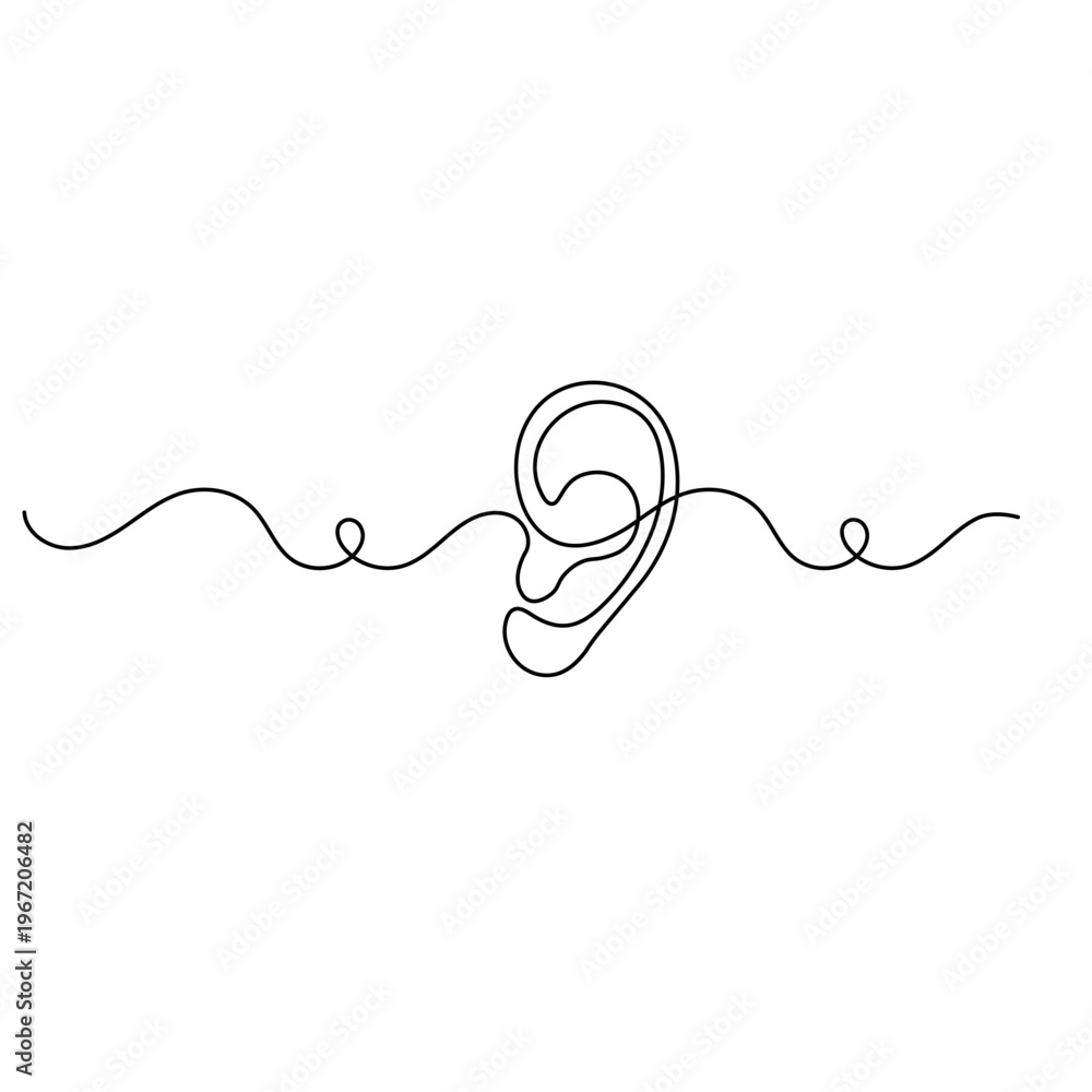 Obraz premium Continuous line drawing of a human ear with sound wave 