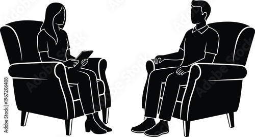 Psychologist and Patient Therapy Session Silhouette, Counseling Conversation in Armchairs for Mental Health Support and Psychological Consultation Concept