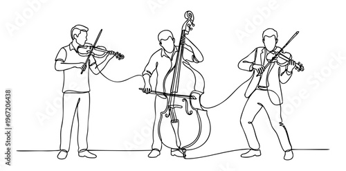 Continuous line art of three men playing violin and cello during a live concert performance, Vector illustration