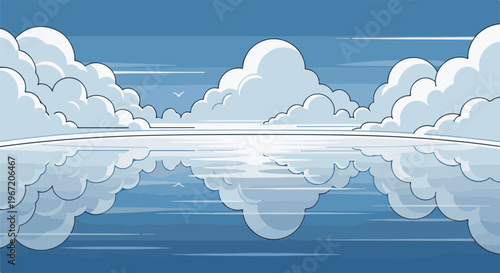 Pixel art landscape of fluffy clouds mirrored on a calm, reflective water surface