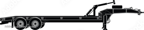 Silhouette illustration of hydraulic tilt gooseneck trailer, dual axle flatbed, heavy equipment transport, construction vehicle, industrial machinery design