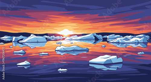Pixel art landscape of icebergs floating on water reflecting a colorful sunset