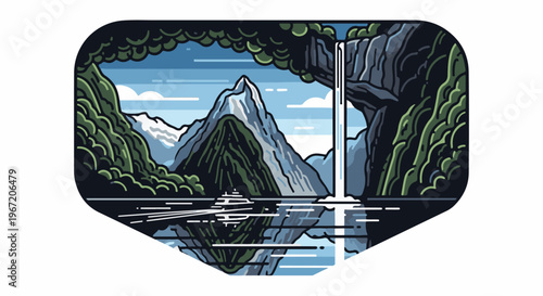 Pixel art landscape with a majestic mountain, waterfall, and reflection on water
