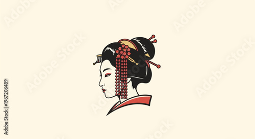 Profile of a geisha with elaborate hair and red adornments