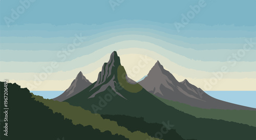 Pixel art landscape of mountains and ocean under a banded sky