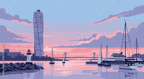 Pixel art marina at sunset with a skyscraper and lighthouse