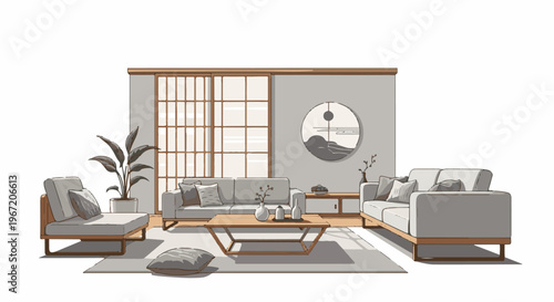 Pixel art living room with sliding doors, sofas, armchair, table, and plant