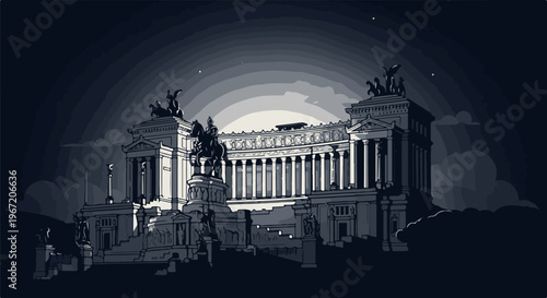 Pixel art monument with equestrian statue under dramatic sky