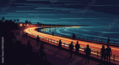 Pixelated night scene of a coastal road with silhouetted figures walking and resting