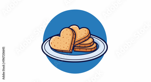 Heart-shaped toast slices stacked on a plate within a blue circle