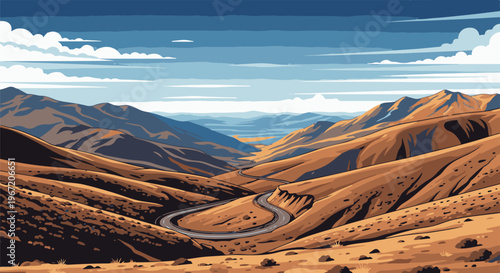Pixelated road winds through rolling, arid brown mountains under a blue sky