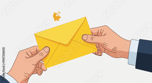 Hands exchange a yellow envelope with a notification bell above