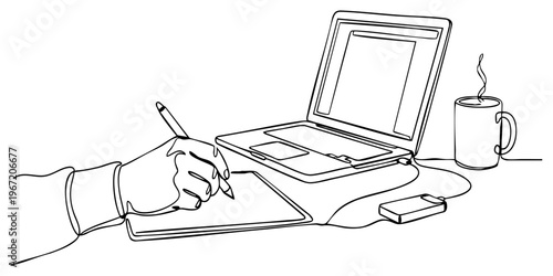 Continuous one line drawing of graphic designer handwriting with a stylus on tablet next to laptop, coffee mug and external drive, Vector illustration