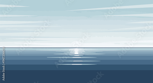 Pixel art tranquil ocean sunrise with horizontal cloud lines and gentle waves