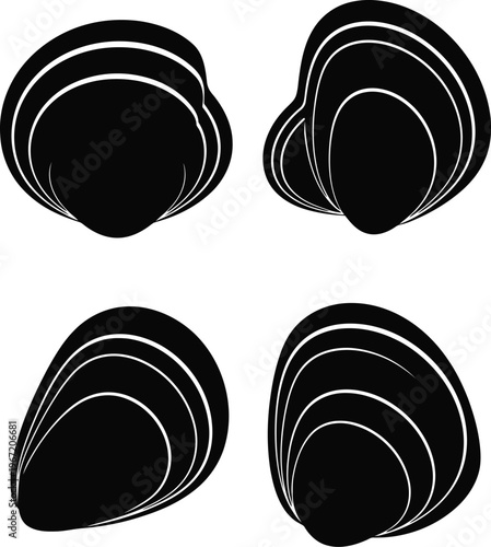 Collection of black oyster and mussel shell silhouettes for seafood restaurant branding