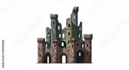 Pixel art of a crumbling medieval castle with tall, broken towers