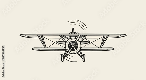 Overhead view of a vintage biplane in flight with a spinning propeller