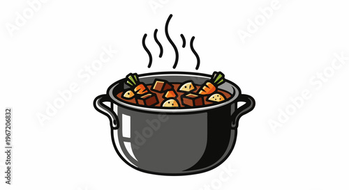 Hearty stew bubbling in a pot with carrots and potatoes, emitting steam