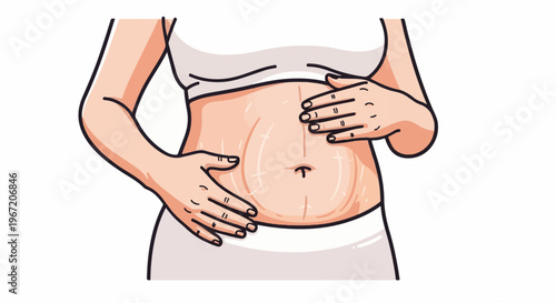 Person gently touching abdomen, showing skin texture and lines