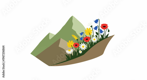 Stylized mountainsides with colorful wildflowers