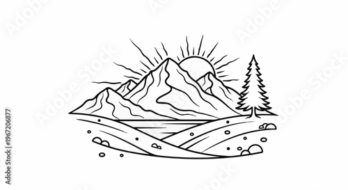 Stylized outline of a mountainous landscape with a sunburst over the peaks