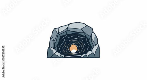Stylized pixel art depiction of a rocky cave entrance with a glowing tunnel