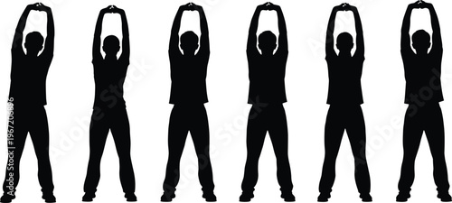 Standing Man Stretching Silhouette Set with Raised Arms, Warm Up Exercise Poses for Fitness, Flexibility Training and Healthy Lifestyle Concept