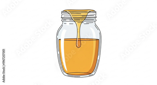 Golden honey dripping from a clear glass jar with a textured surface against a plain white background