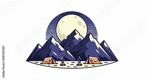 Cartoon mountain range with moon, tents, and campfires at night