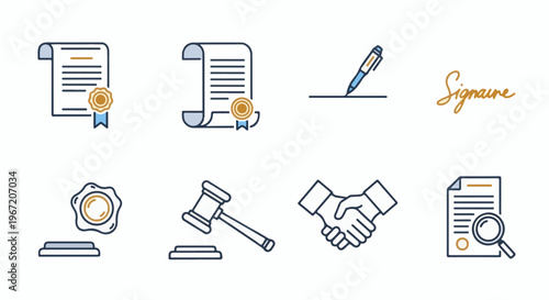 Set of legal and business icons contracts, seals, gavel, handshake, pen, signature