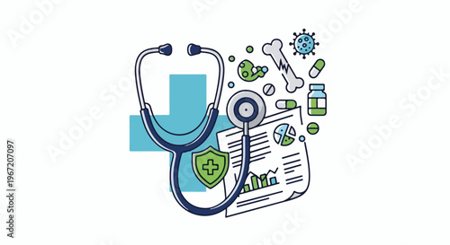 Medical concept with stethoscope, cross, pills, bone, and charts