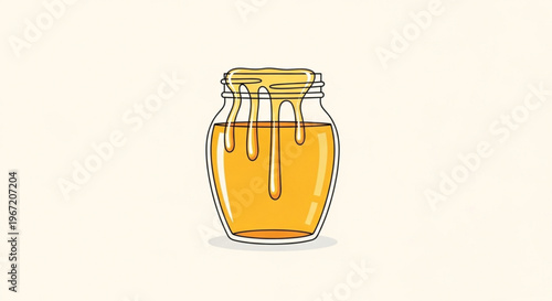 Golden honey dripping from a transparent glass jar with a yellow lid isolated on a clean white background illustration style