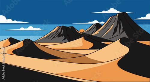 Pixelated desert landscape with mountains and sand dunes under a blue sky