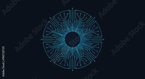 Abstract blue circuit board pattern resembling a digital eye or mandala, representing technology and connection on a dark blue background.