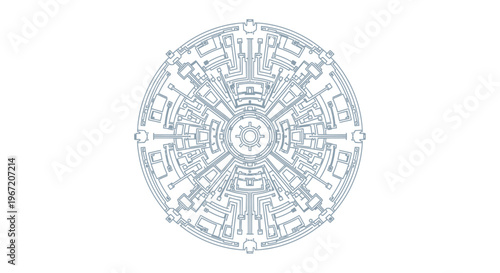 Detailed line art illustration of an intricate circuit board pattern resembling a mandala on an isolated white background.