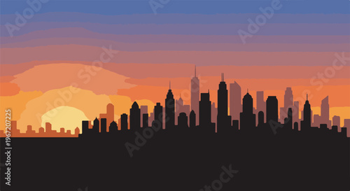 Silhouette of a city skyline against a colorful sunset sky