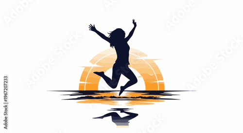 Silhouette of a joyful person leaping against a setting sun over water