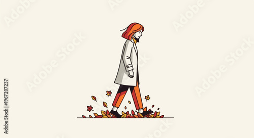 Stylized woman in white coat walks through autumn leaves