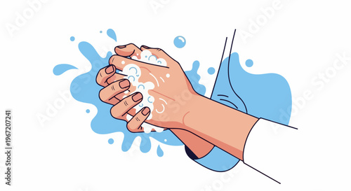 Bubbles froth on hands being washed with water splashes