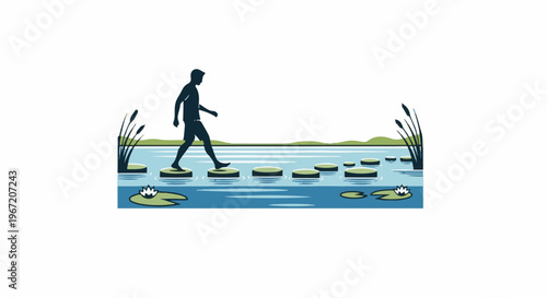 Silhouette of a person walking on stepping stones across a tranquil lake