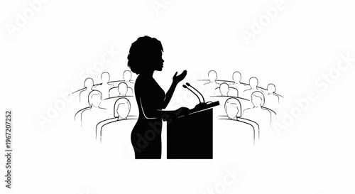 Silhouette of a woman speaking at a podium before an audience in sketch style