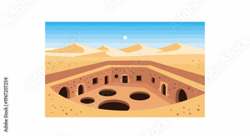 Sunlit desert landscape reveals ancient underground dwellings carved into sand