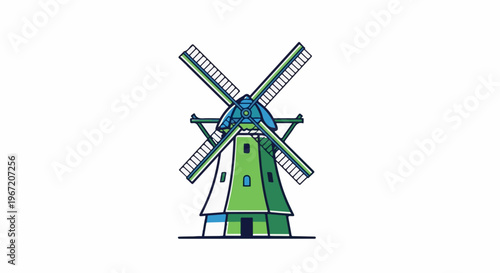 Stylized green and blue windmill with four blades on white background