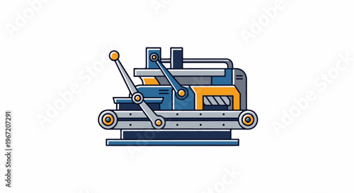 Stylized illustration of a complex blue and orange industrial machine with levers