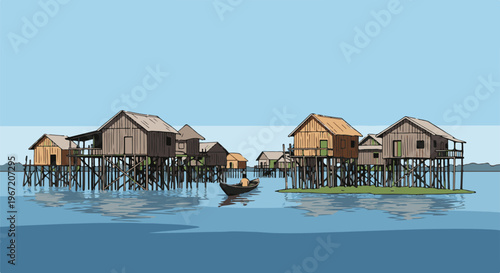 Pixelated stilt houses on water with a lone figure in a boat